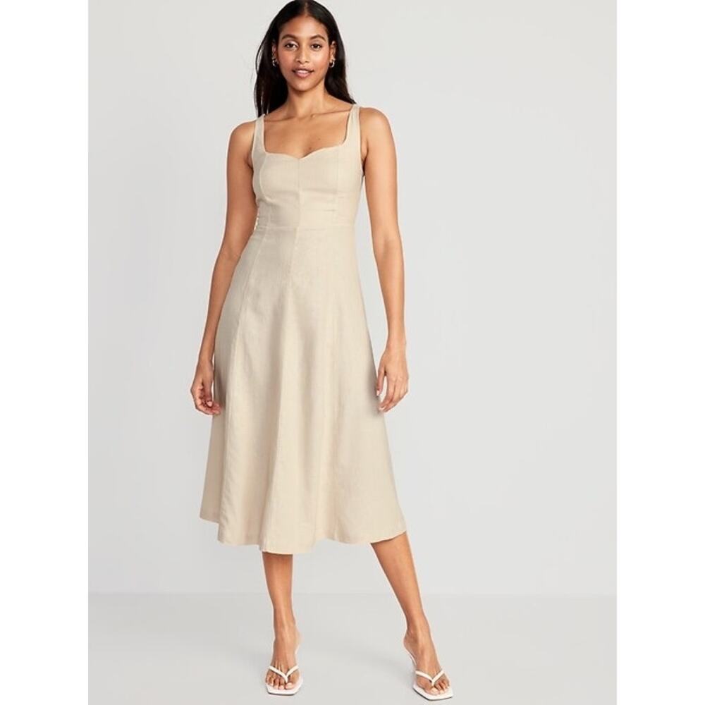 Old Navy Fit & Flare Sleeveless Linen-Blend Midi Dress in Cream sz L